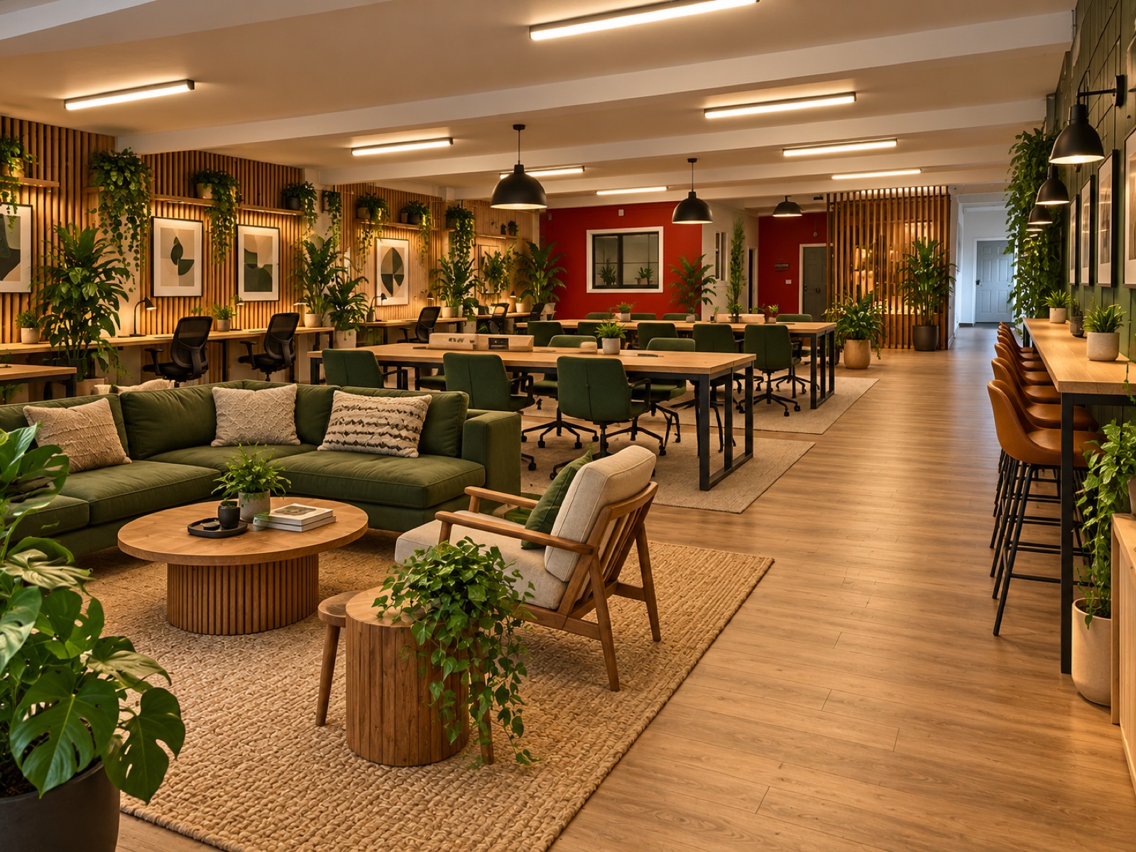 Lounge corner of the concept space with sofas and plants